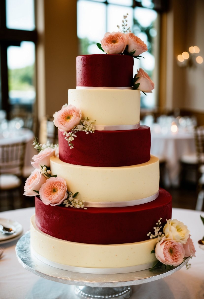 A three-tiered red velvet wedding cake with cream cheese frosting and delicate floral decorations