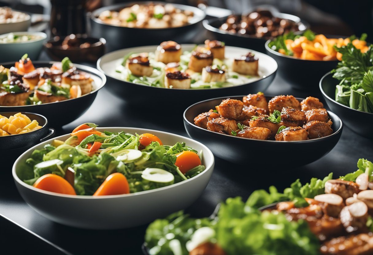 A colorful buffet spread with keto-friendly dishes, including grilled meats, fresh salads, and low-carb desserts, displayed on sleek serving platters and elegant tableware