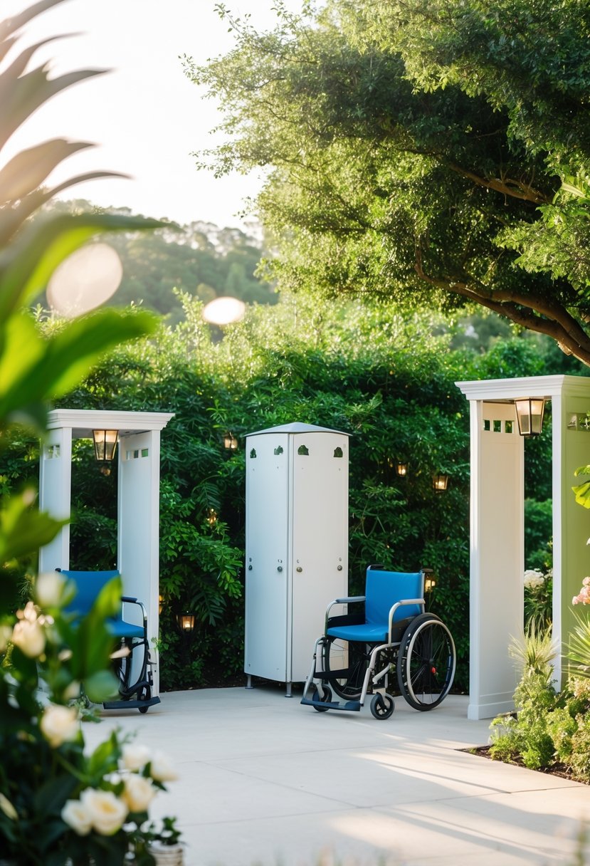 An outdoor wedding with wheelchair-accessible restroom facilities nestled among lush greenery and elegant decor