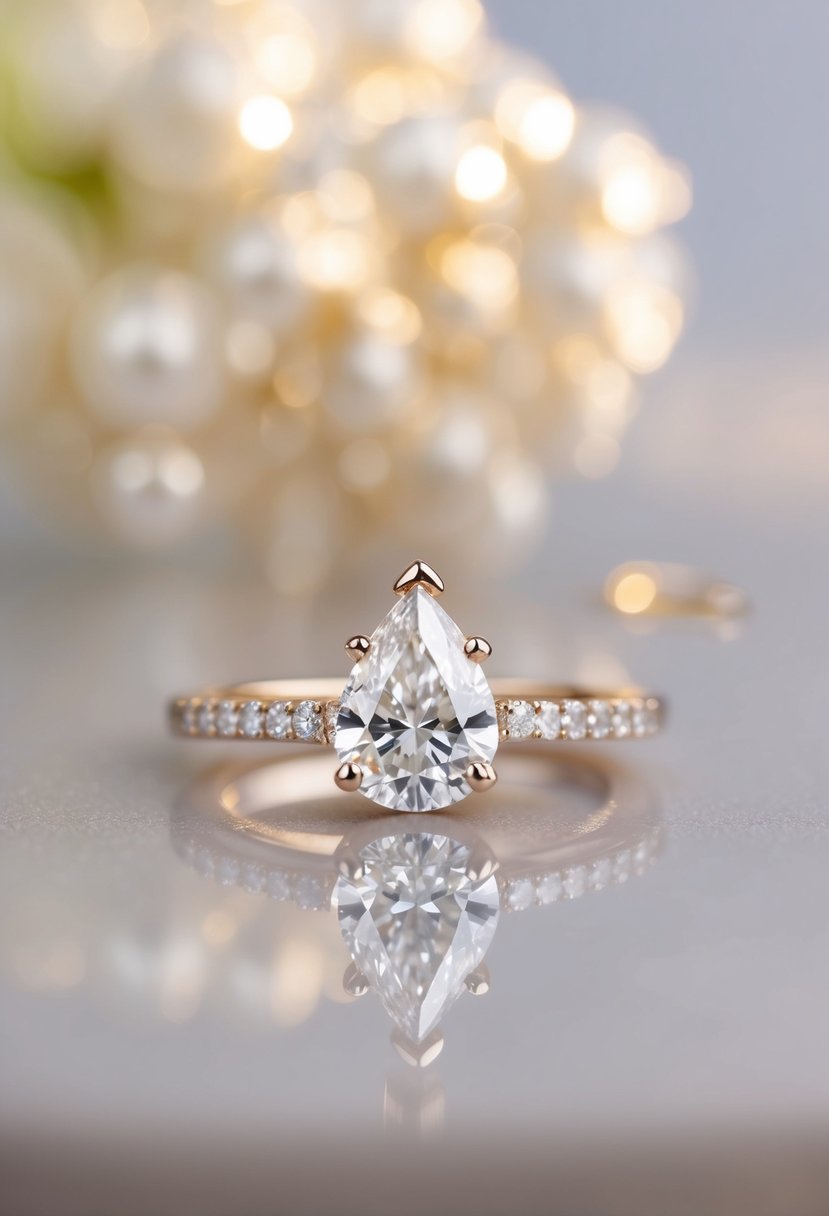 A pear-shaped diamond sits atop a delicate band, surrounded by smaller diamonds, set against a backdrop of soft light and elegant surroundings