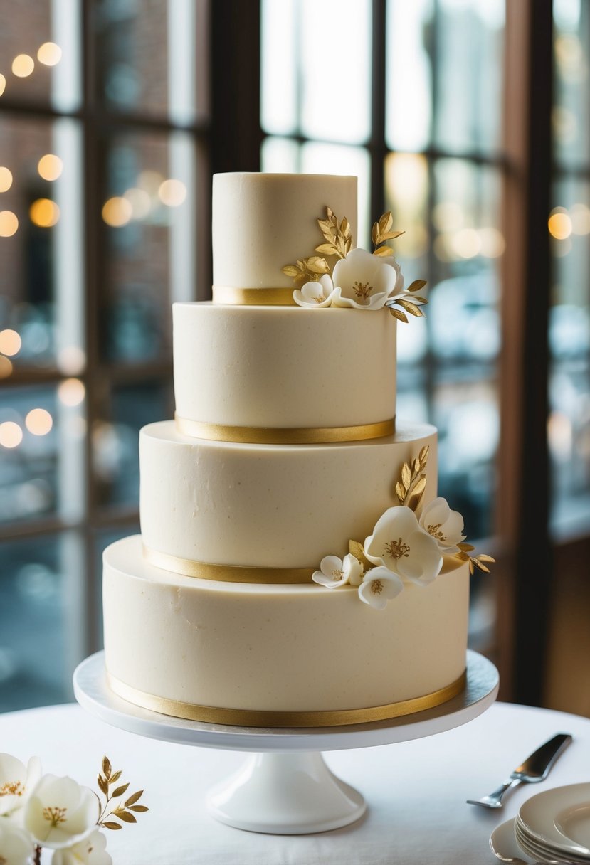 A three-tiered almond wedding cake with amaretto frosting, adorned with delicate sugar flowers and gold leaf accents