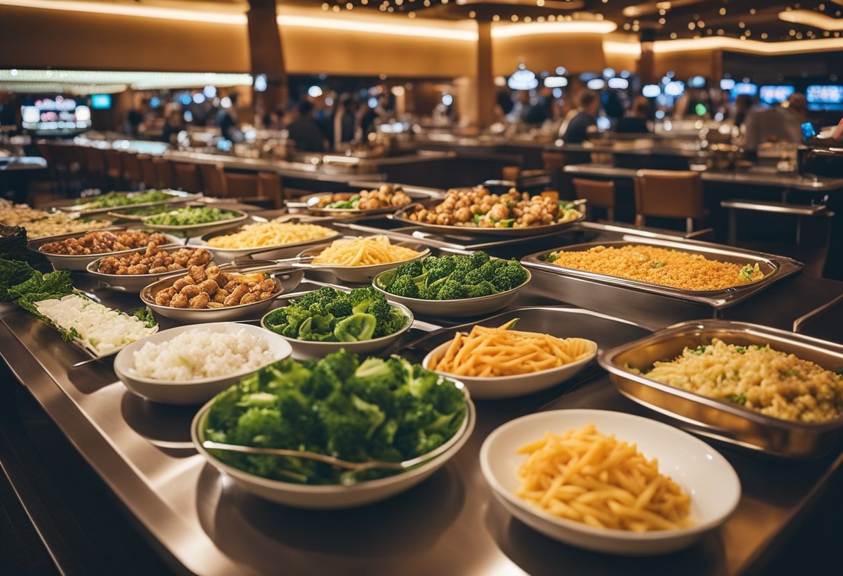 A casino buffet with keto-friendly options like grilled meats, salads, and low-carb vegetables. No noodles or rice in sight