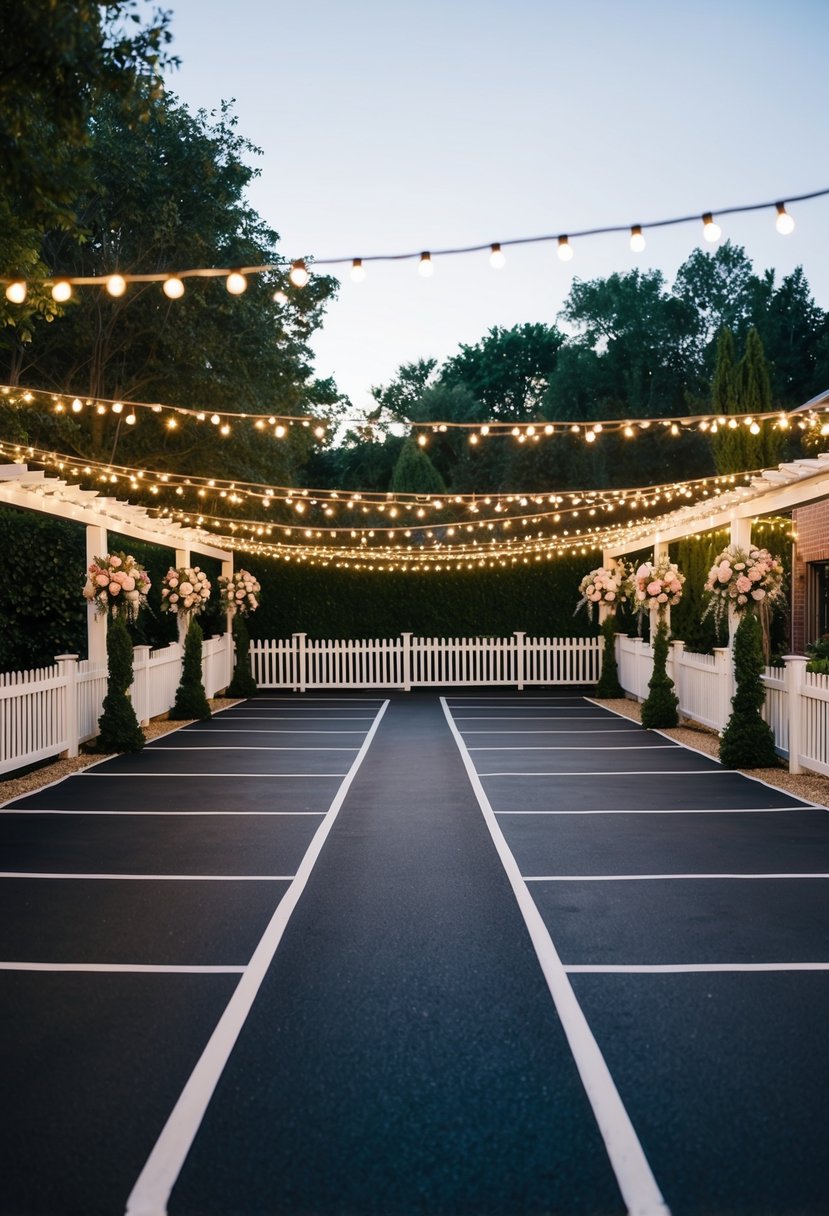 A spacious backyard with designated parking areas outlined by white picket fences and adorned with twinkling lights and floral arrangements