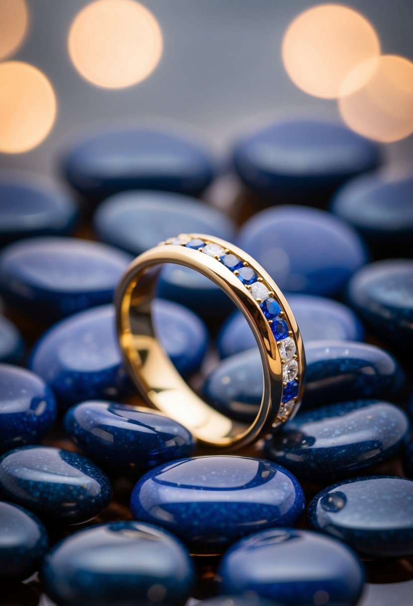 A gold wedding band resting on a bed of blue Nile stones