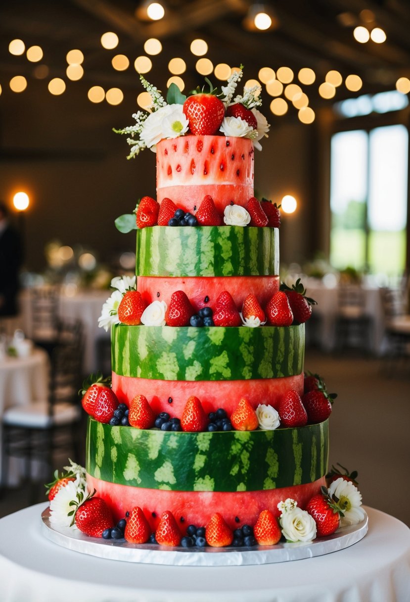 A tiered wedding cake with alternating layers of vibrant red strawberry and green watermelon, adorned with fresh fruit and floral decorations