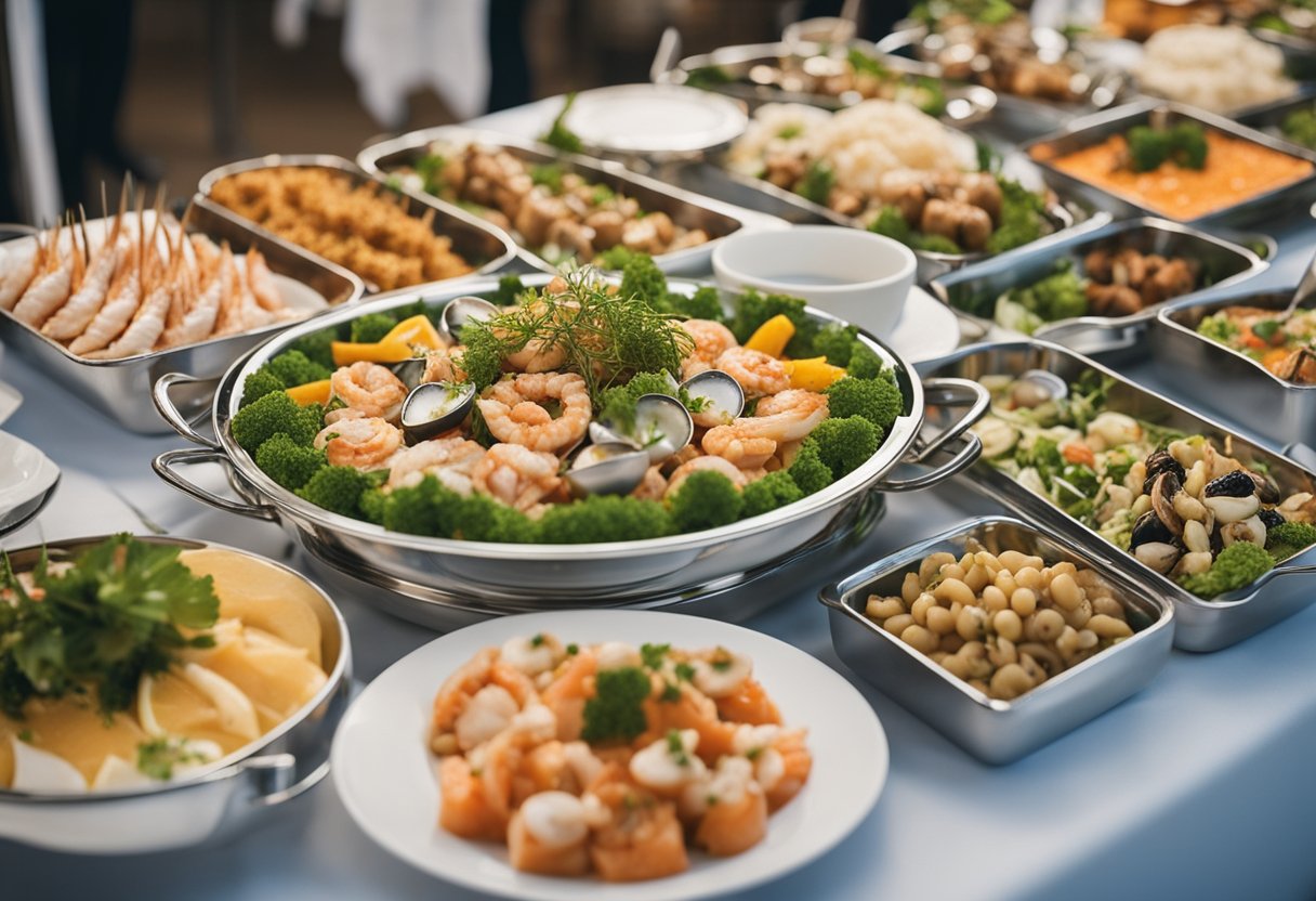 A bountiful buffet spread with an assortment of fish and seafood dishes, surrounded by elegant serving platters and utensils