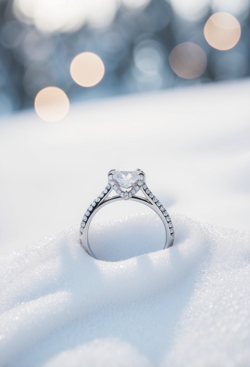 A snow-covered landscape with a sparkling diamond wedding band nestled within a delicate snowdrift