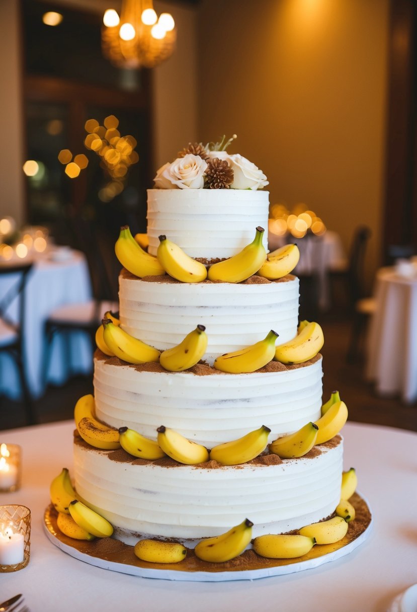 A tiered wedding cake adorned with ripe bananas and sprinkled with cinnamon, surrounded by a warm, inviting atmosphere