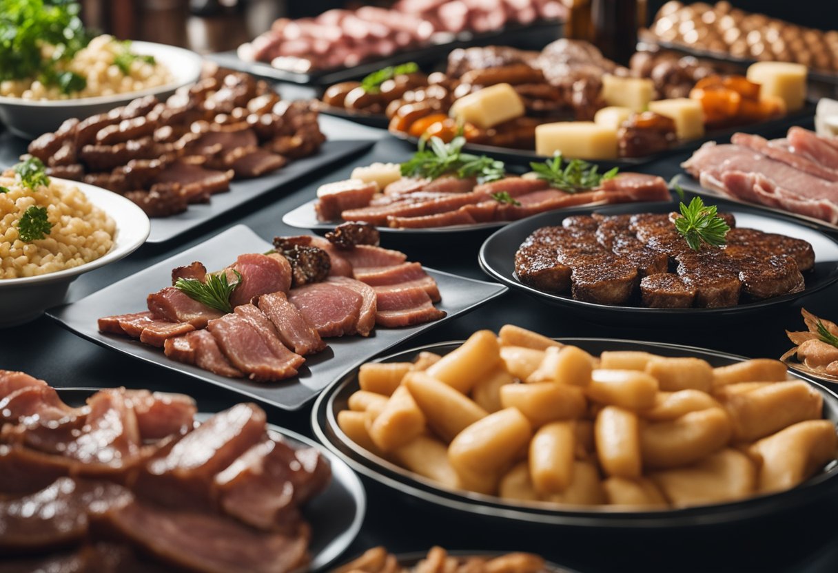 A buffet table with a variety of fatty meats such as steak, bacon, and sausage, displayed in an organized and appetizing manner