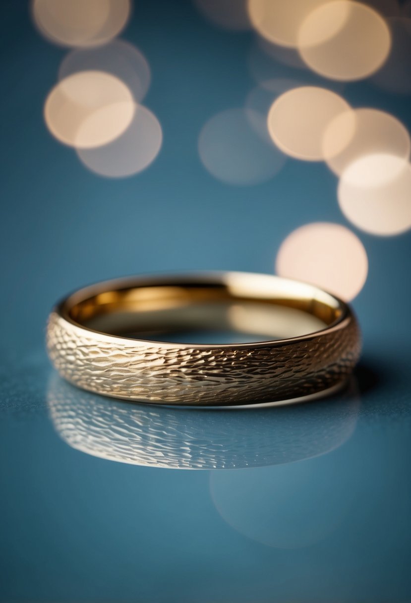 A close-up of a simple, textured gold wedding band resting on a smooth, reflective surface