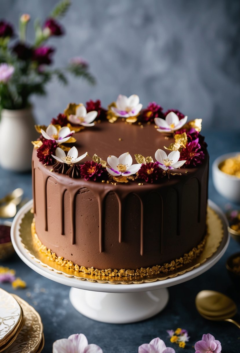 A rich, decadent Chocolate Chai Spiced Cake adorned with delicate edible flowers and intricate gold leaf detailing