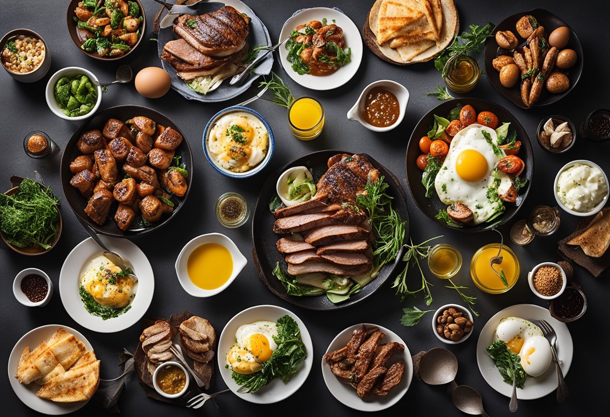 A buffet spread with grilled meats and eggs, surrounded by keto-friendly dishes and utensils