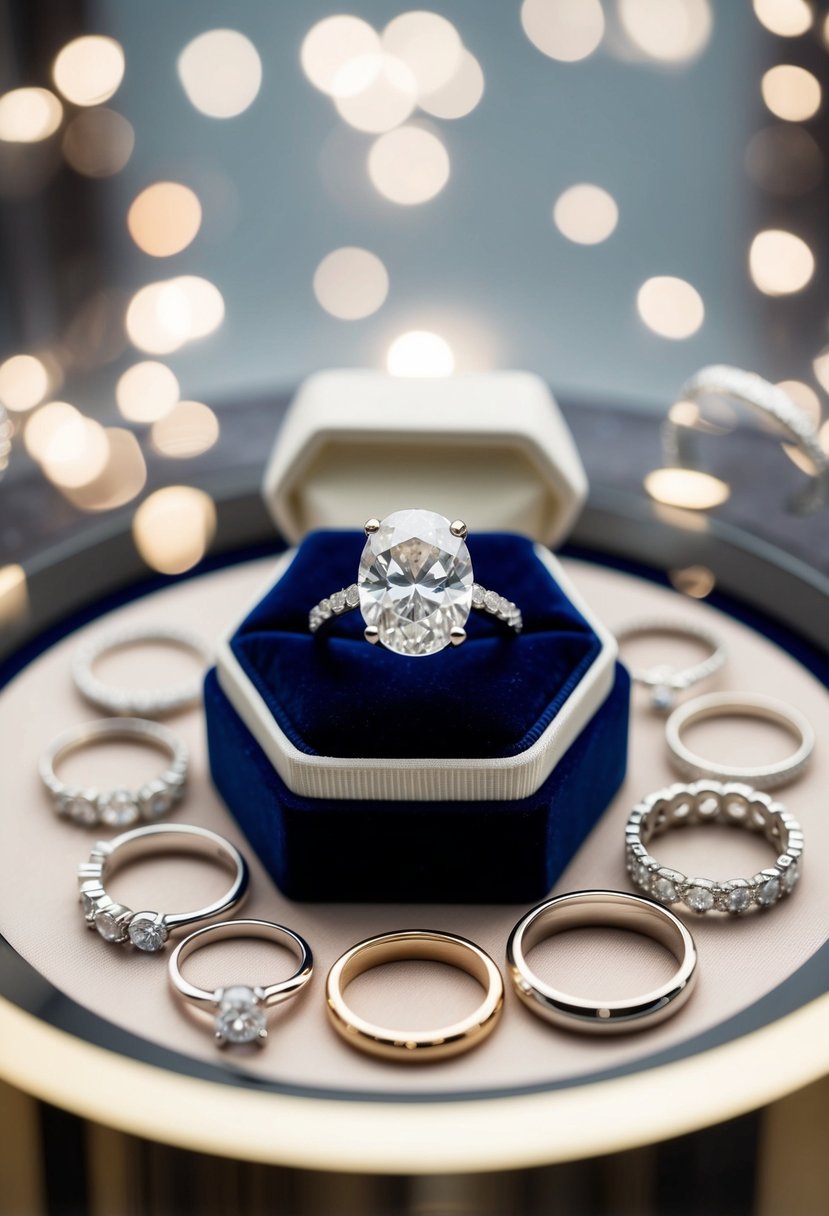 A sparkling oval lab diamond engagement set sits on a velvet display, surrounded by delicate wedding band ring ideas in various designs