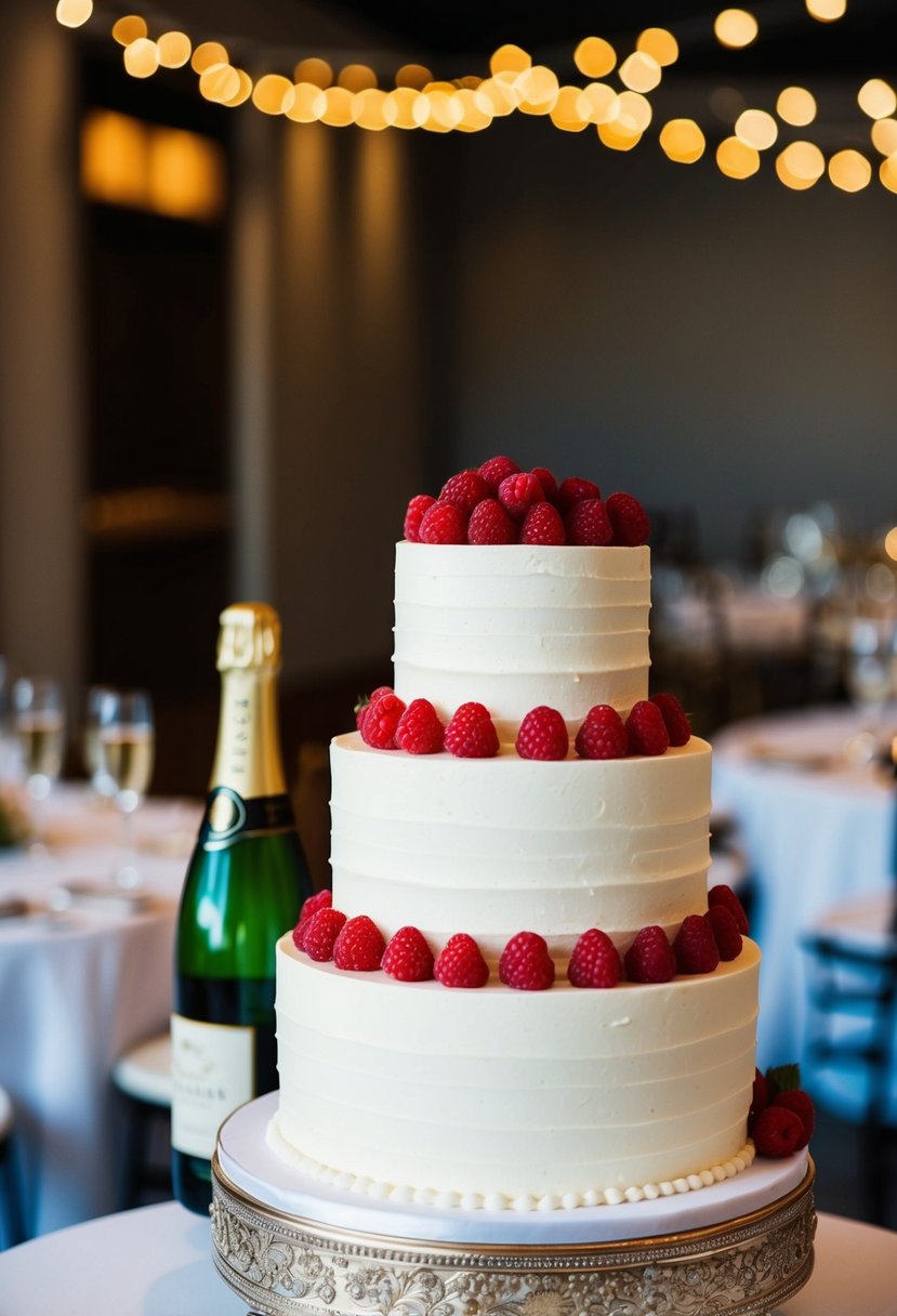 A three-tiered wedding cake adorned with fresh raspberries and a bottle of champagne on a decorative stand