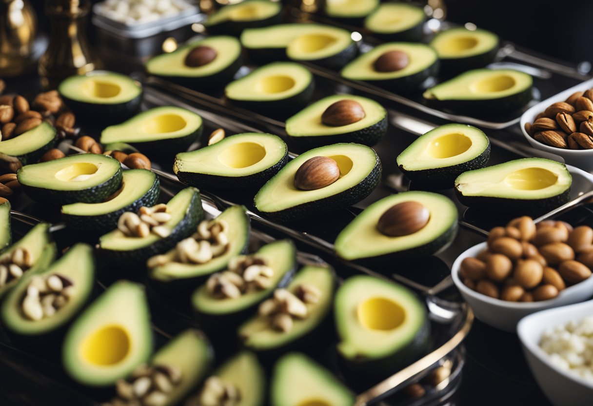 A variety of dishes containing healthy fats, such as avocados, nuts, and olive oil, are displayed on a buffet table at a casino