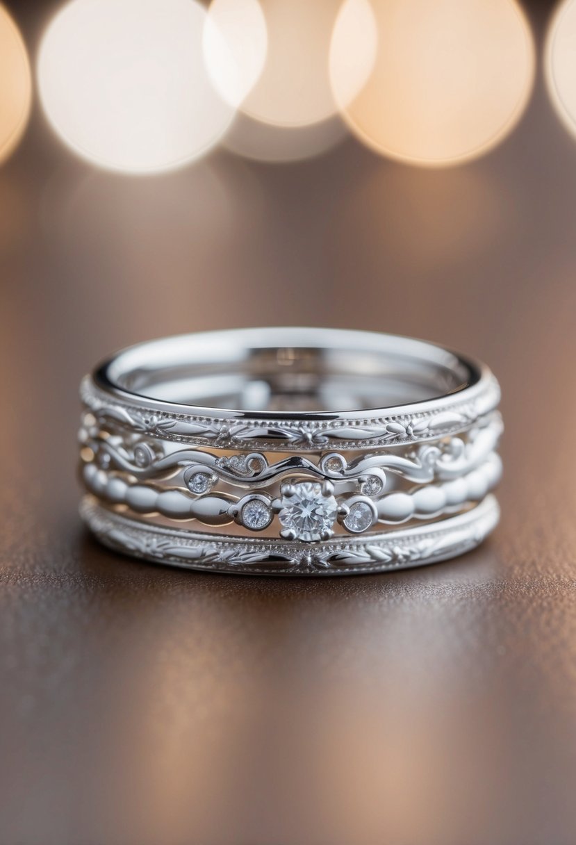 A delicate, stackable wedding band with intricate details and elegant design