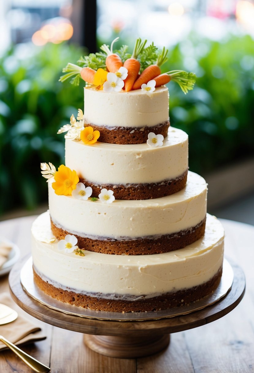 A three-tiered carrot cake with cream cheese frosting, adorned with delicate edible flowers and gold leaf accents, displayed on a rustic wooden cake stand