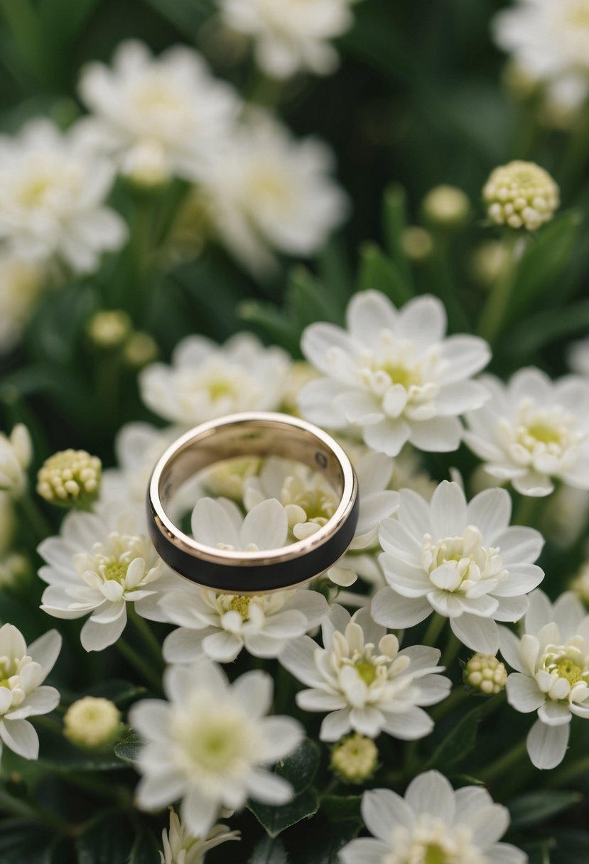 A simple unisex wedding band resting on a bed of delicate white flowers