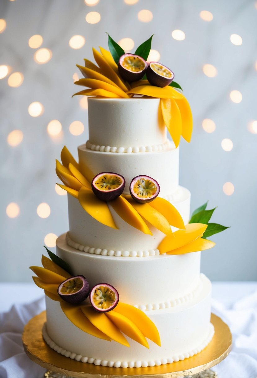 A tiered wedding cake with vibrant mango and passionfruit decorations on a white background