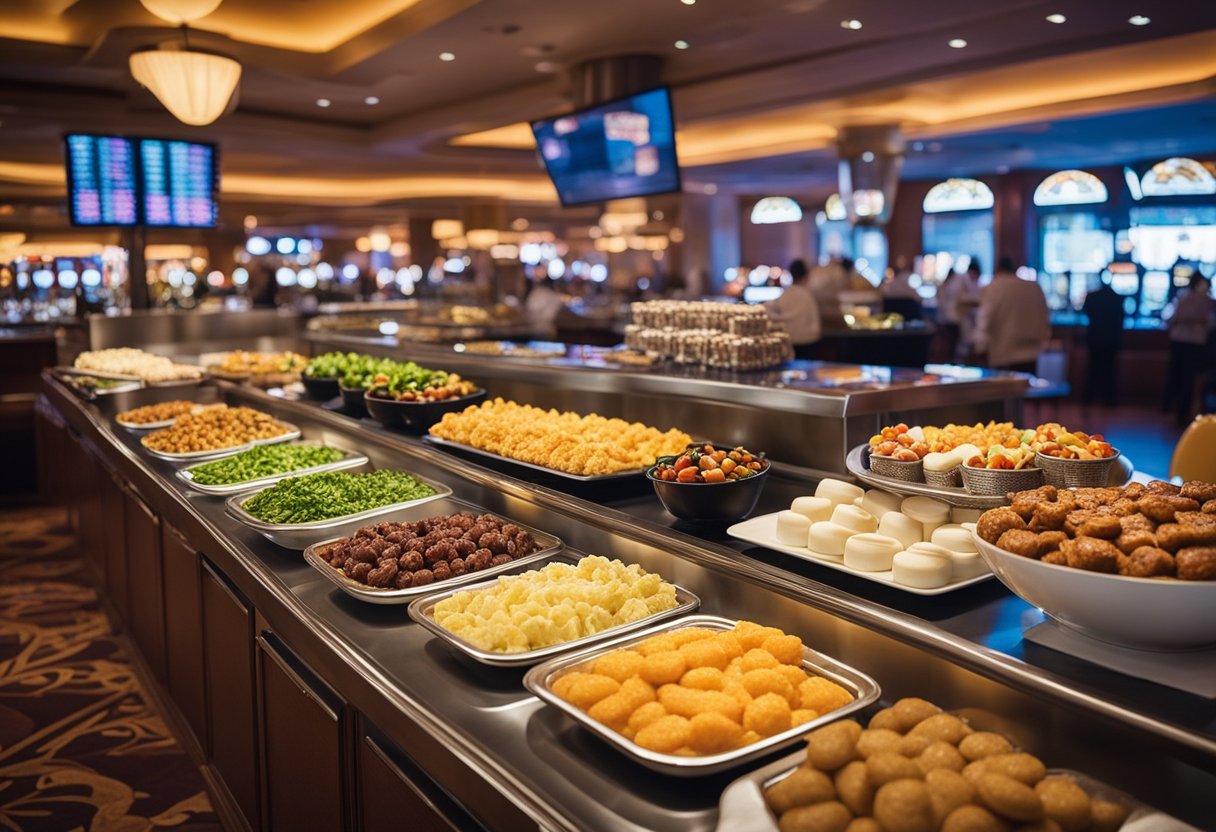 A casino buffet spread with a variety of keto-friendly dishes and a sign advising against desserts and sugary items