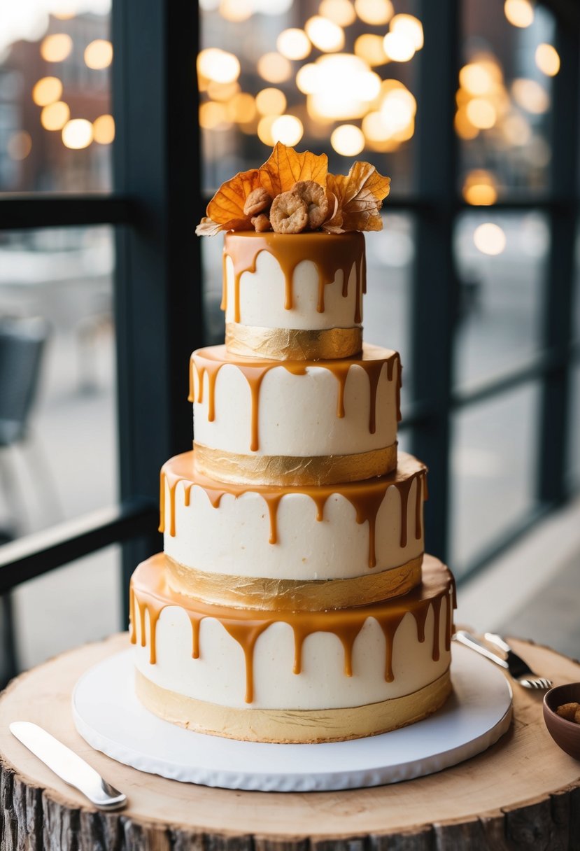 A tiered wedding cake with butterscotch and bourbon flavors, adorned with edible gold leaf and caramel drizzle