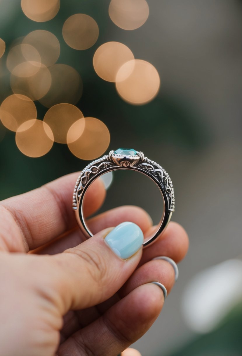 A hand holding a mixed metal wedding band ring with intricate details and a Tiffany & Co. style design