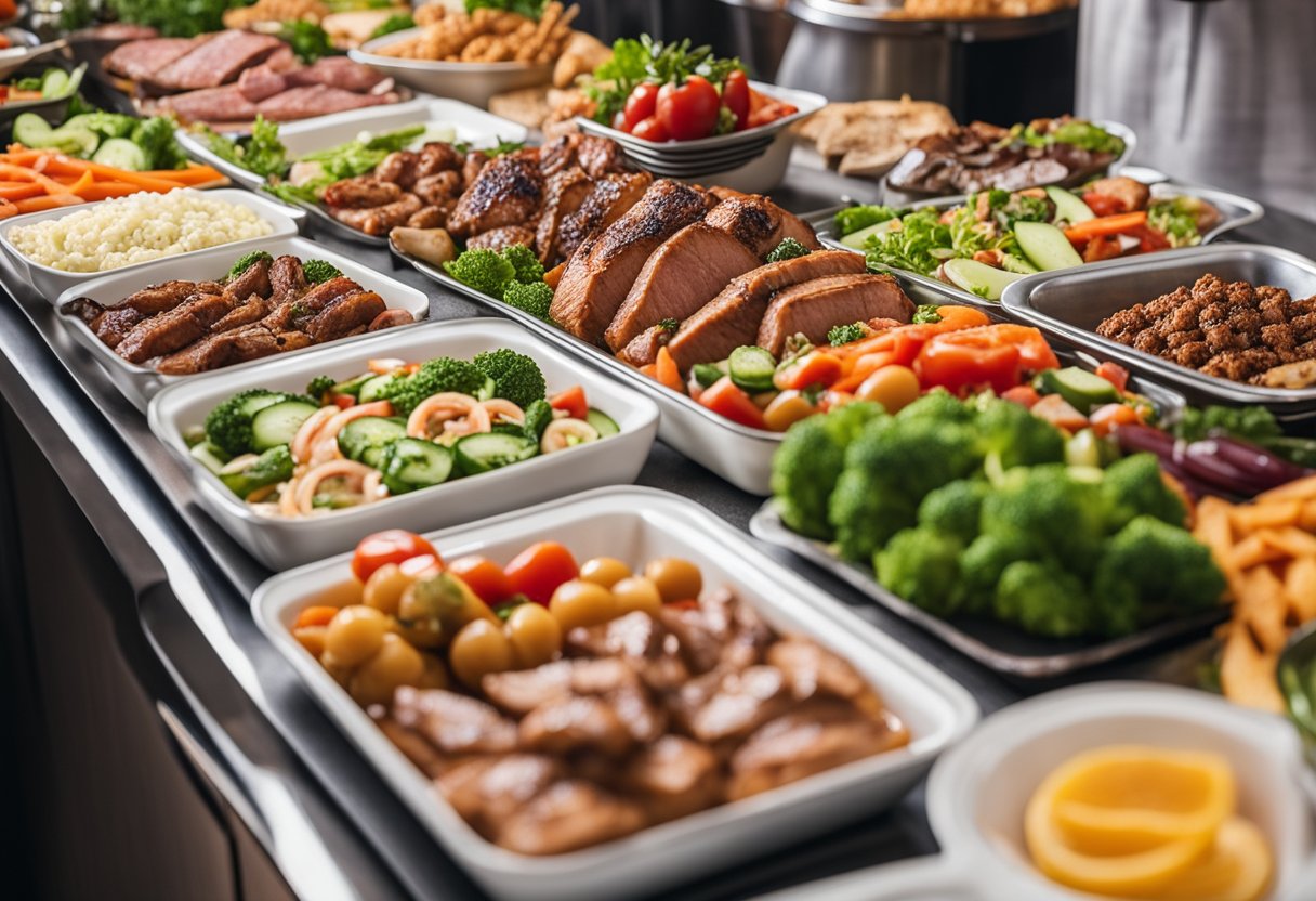 A buffet spread with a variety of grilled and roasted meats, surrounded by colorful keto-friendly dishes and fresh vegetables