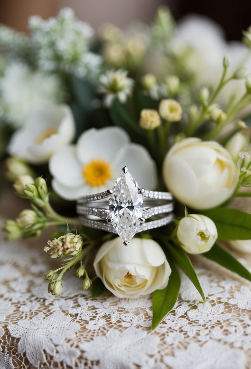 A sparkling marquise diamond wedding band nestled among delicate floral arrangements on a lace-covered table