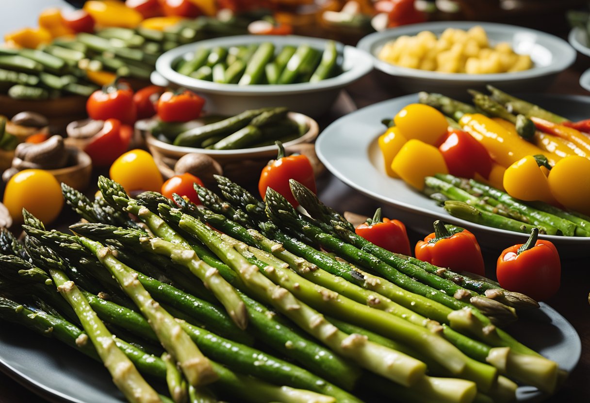 A colorful array of grilled asparagus, roasted zucchini, and sautéed bell peppers arranged on a buffet table