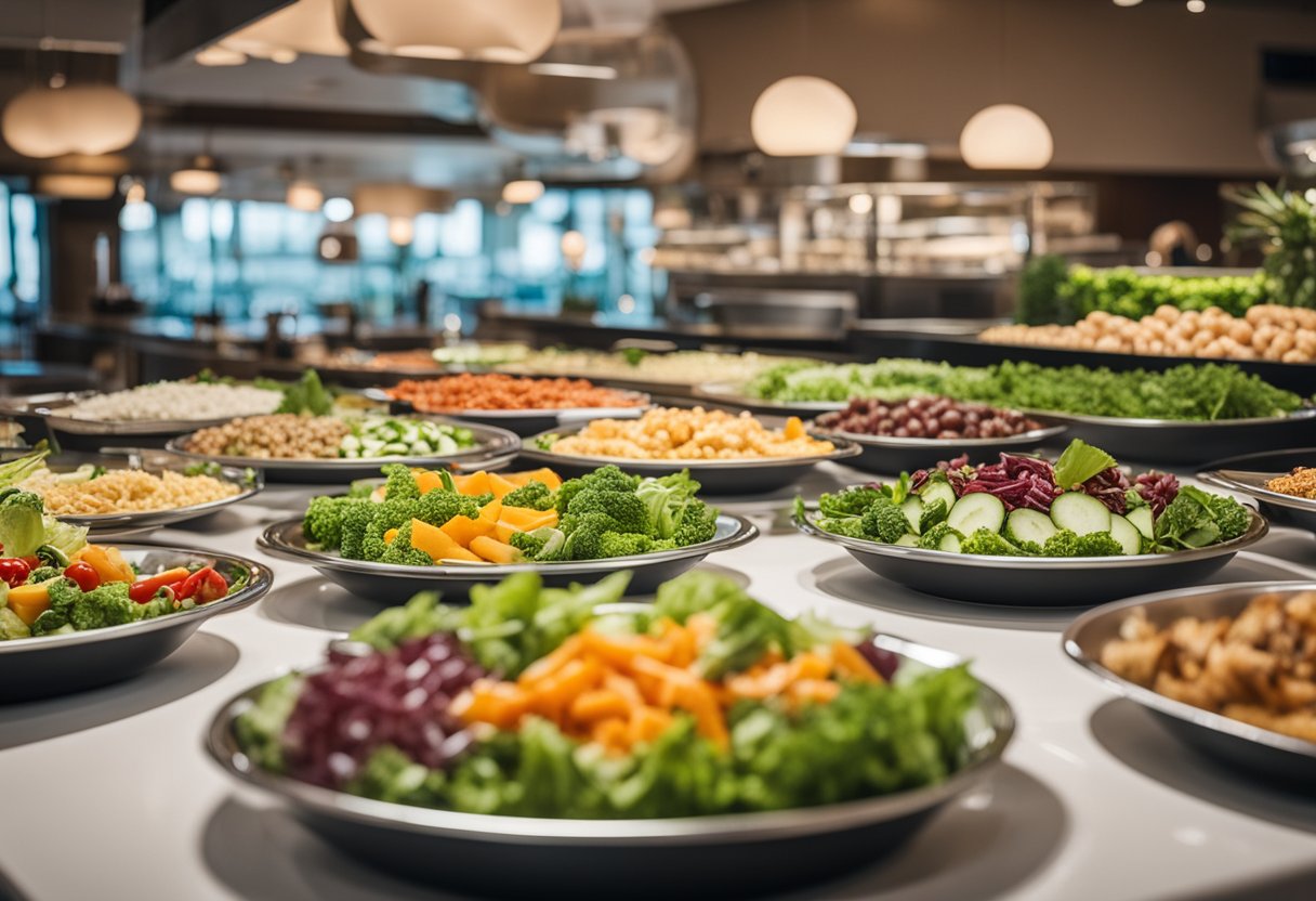 A colorful salad bar with various keto-friendly options neatly arranged in a buffet setting