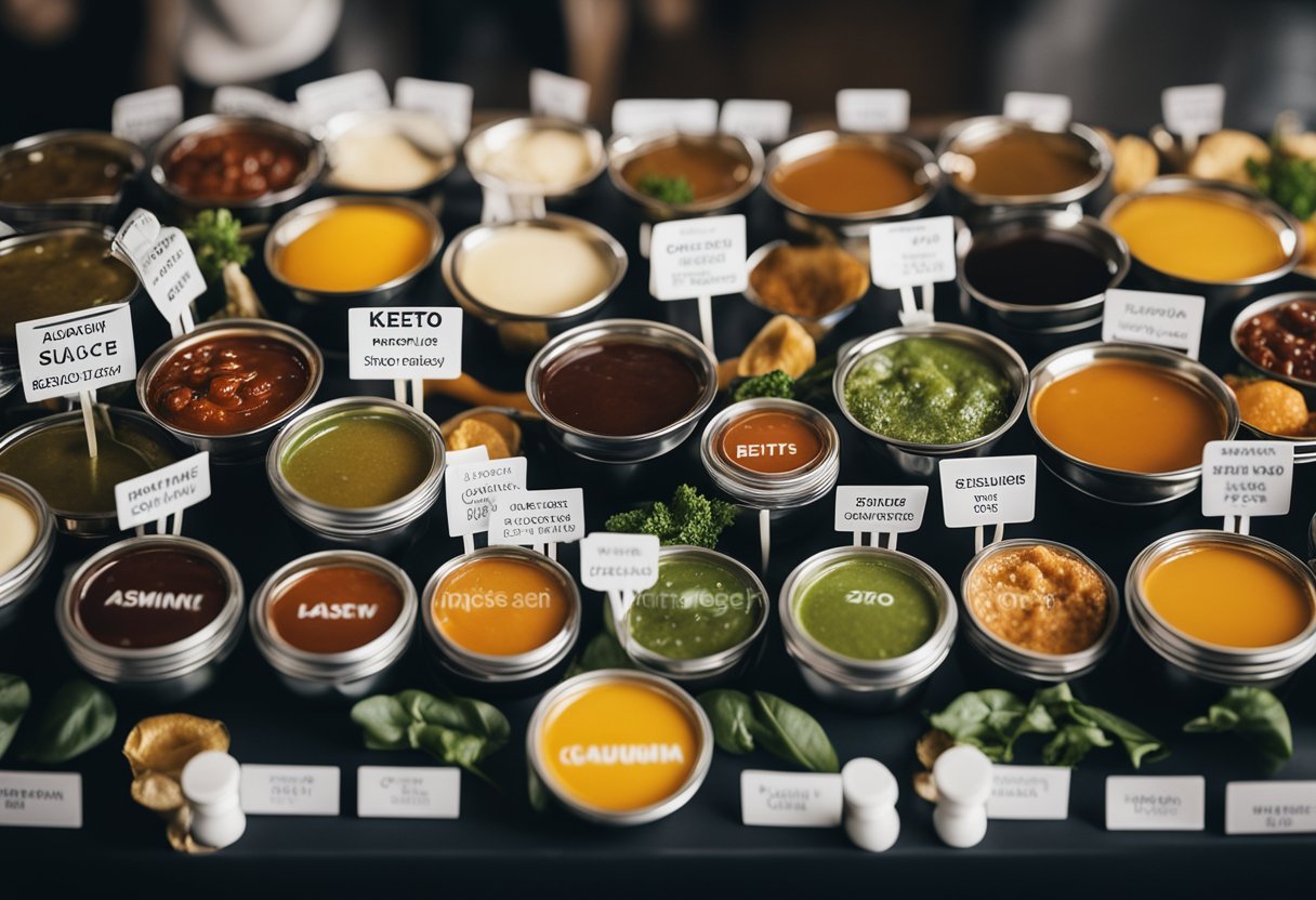 A variety of sauces arranged neatly on a buffet table, with caution signs and Keto-friendly labels displayed prominently