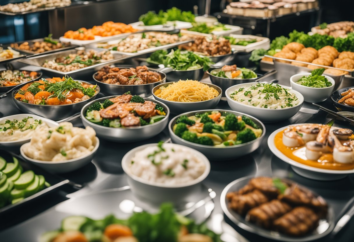 A buffet table with various keto-friendly dishes, such as grilled meats, seafood, and salads, all without breading or high-carb ingredients