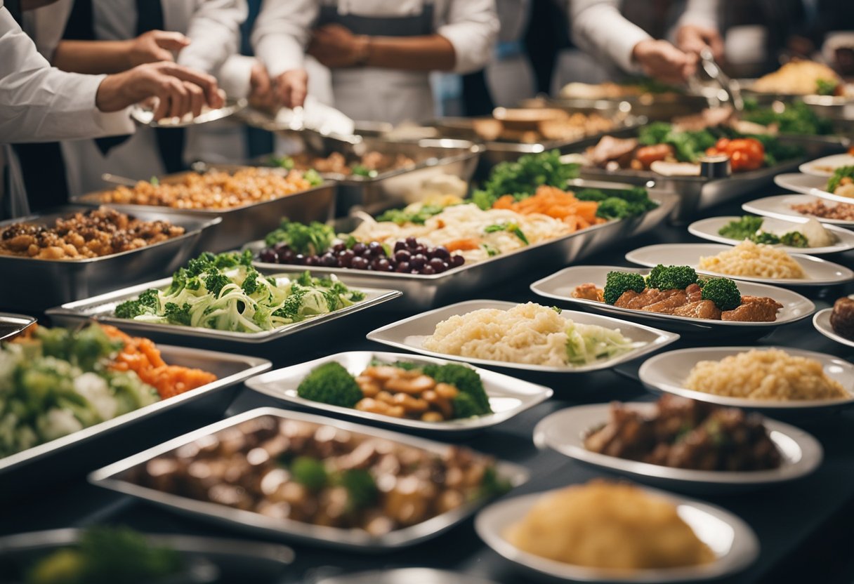 A long buffet table with a variety of keto-friendly dishes, including salads, meats, and low-carb desserts. People are seen carefully selecting their meals and filling their plates