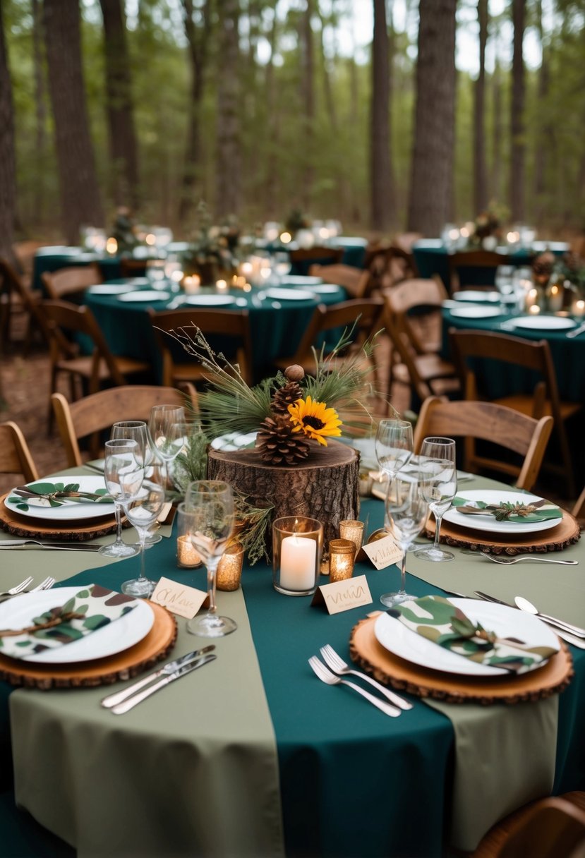 A woodland-themed wedding with camo tablecloths, rustic centerpieces, and outdoor setting