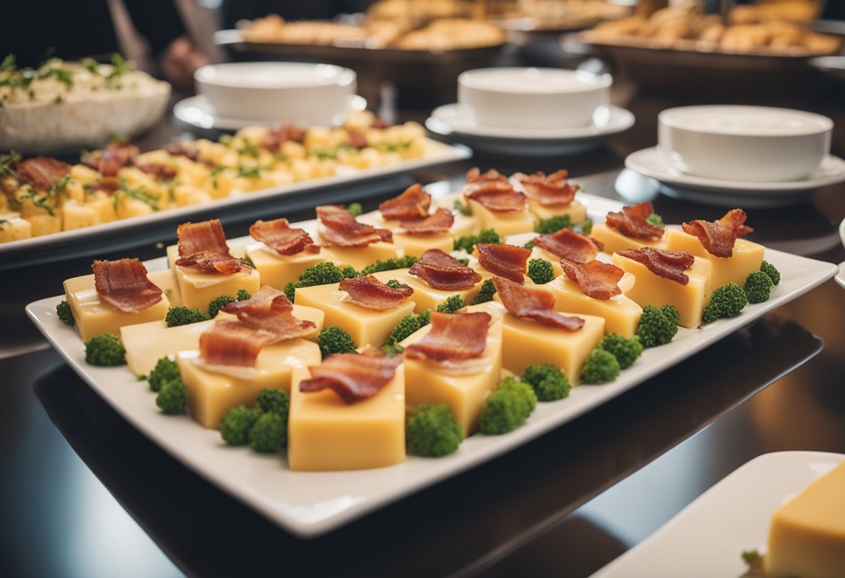 Plates with cheese and bacon arranged in a buffet setting