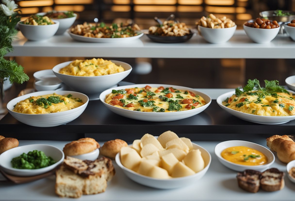 A buffet spread with a variety of omelettes filled with keto-friendly ingredients, displayed on a table with elegant serving dishes and utensils