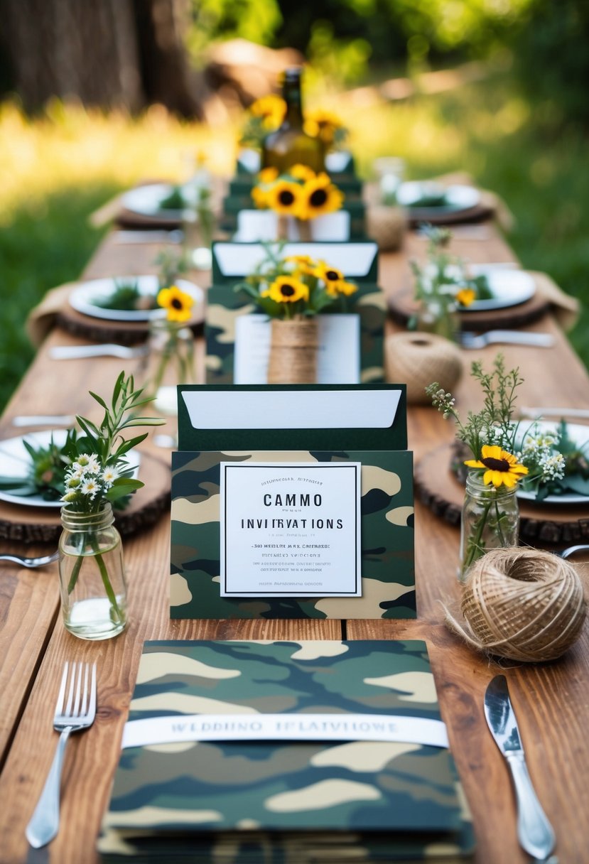 A wooden table set with camo-printed wedding invitations, surrounded by rustic elements like twine, burlap, and wildflowers