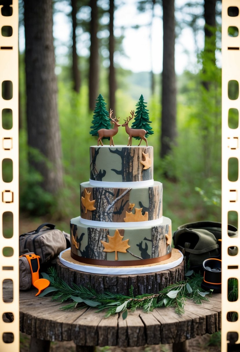 A camo-themed wedding cake with deer and tree toppers sits on a rustic wooden table, surrounded by forest greenery and hunting gear