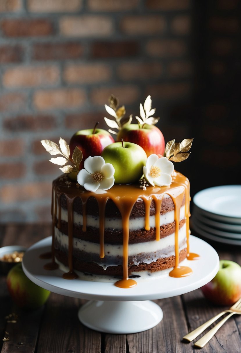 A spiced apple wedding cake with caramel drizzle, adorned with delicate fondant flowers and gold leaf accents