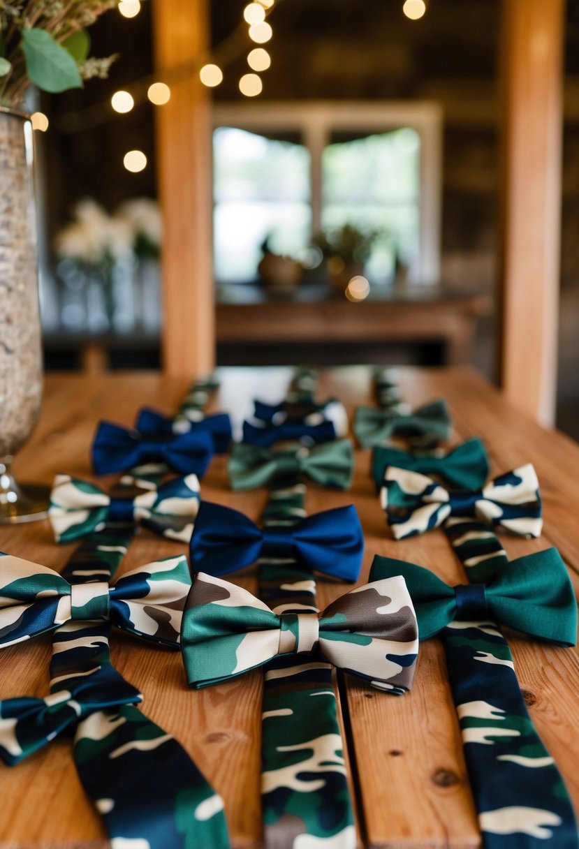 Groomsmen's ties and bow ties made of camo fabric, arranged neatly on a wooden table with rustic decor in the background