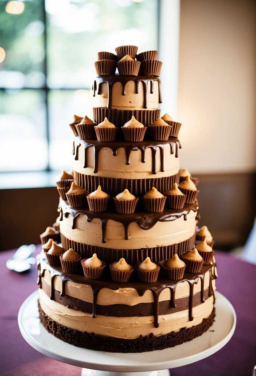 A towering wedding cake adorned with layers of rich chocolate and peanut butter, topped with decadent peanut butter cups