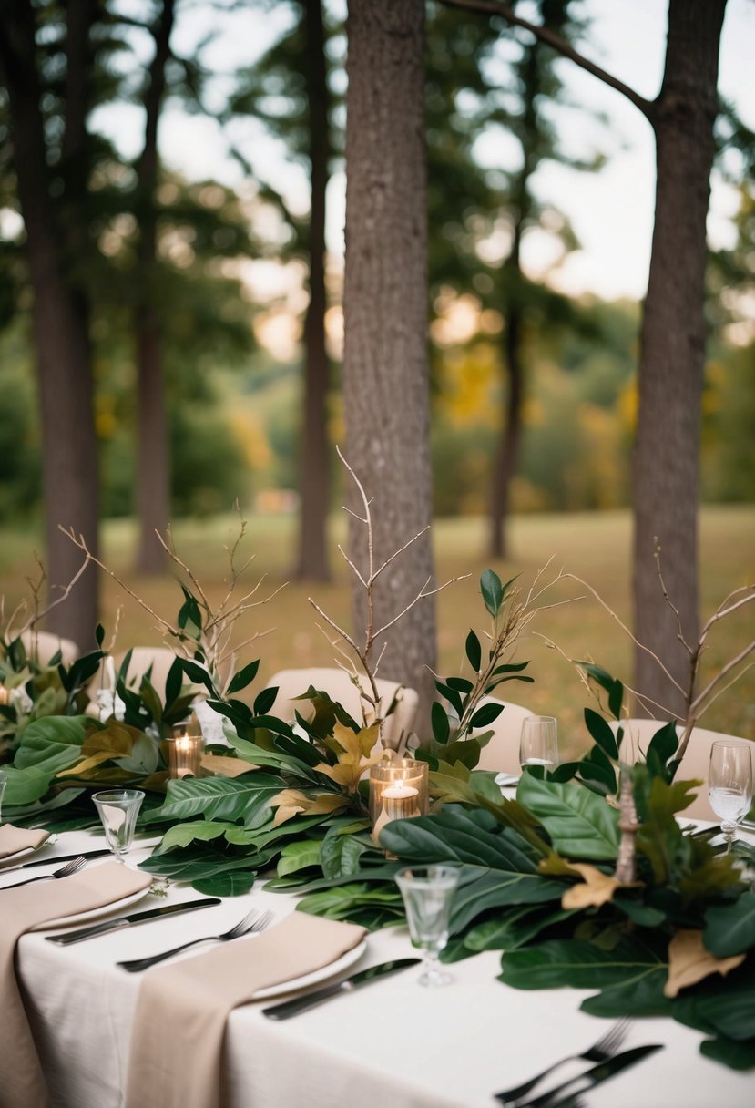 A table adorned with synthetic leaves and tree branches arranged as camouflage centerpieces for a rustic wedding