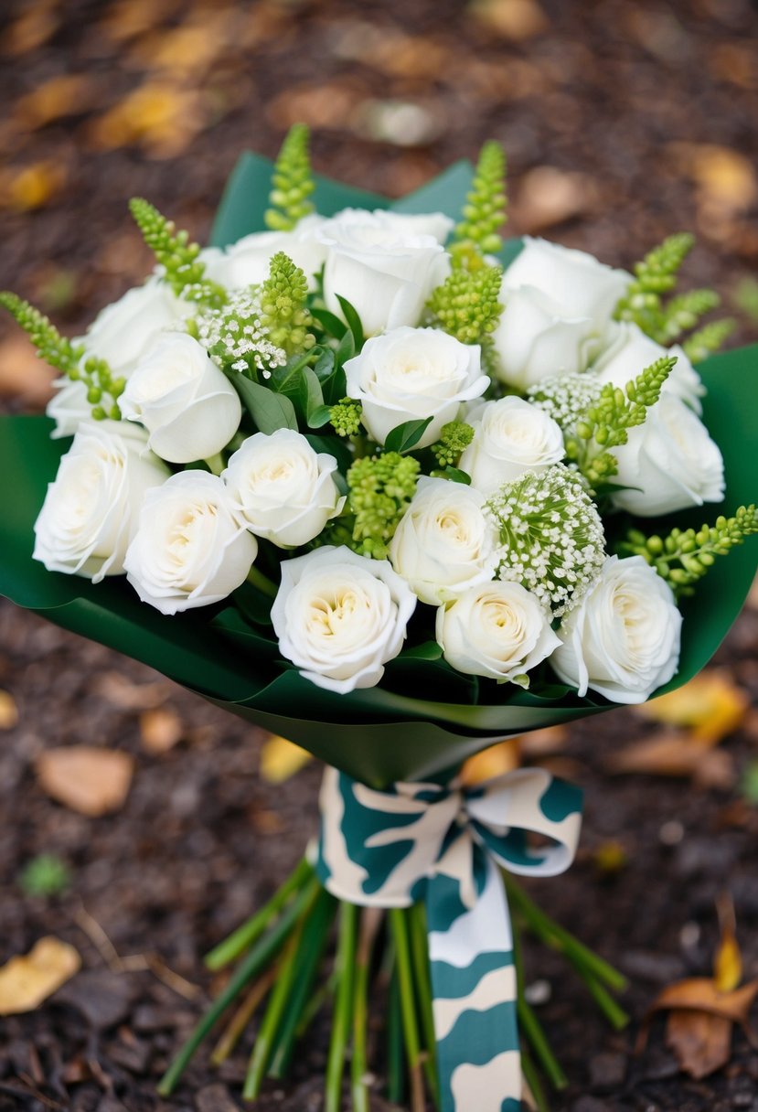 A bouquet of white flowers with a ribbon wrapped in a subtle camouflage pattern