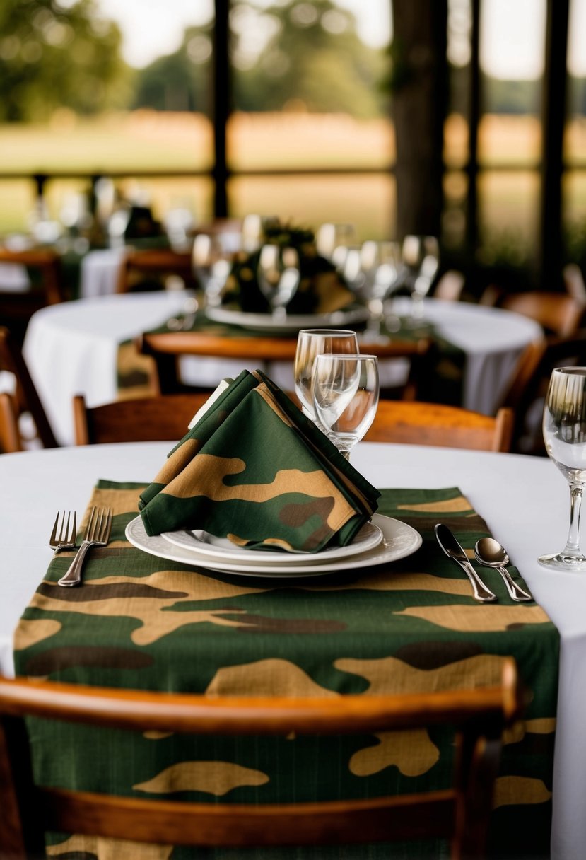 The reception is adorned with camo napkins and tablecloths, adding a rustic and outdoorsy touch to the wedding decor