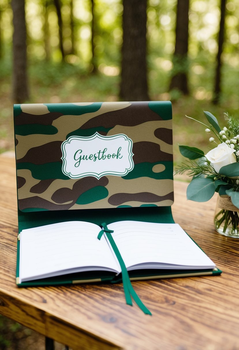 A woodland-themed guestbook with camo print cover, open to a blank page for personalized signatures at a rustic wedding reception