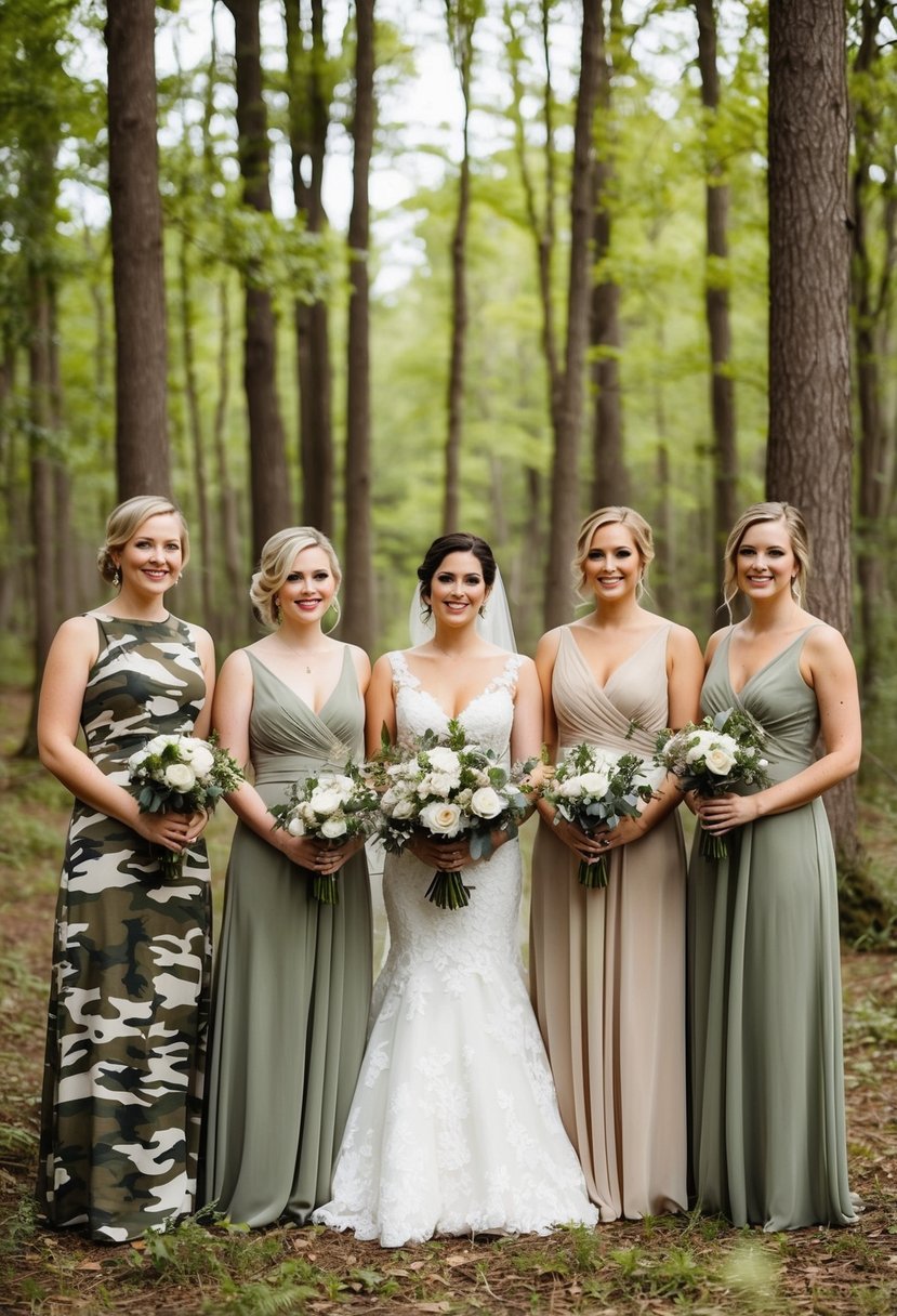 Bridesmaid dresses in camo and neutral tones blend seamlessly with the natural backdrop of a woodland wedding