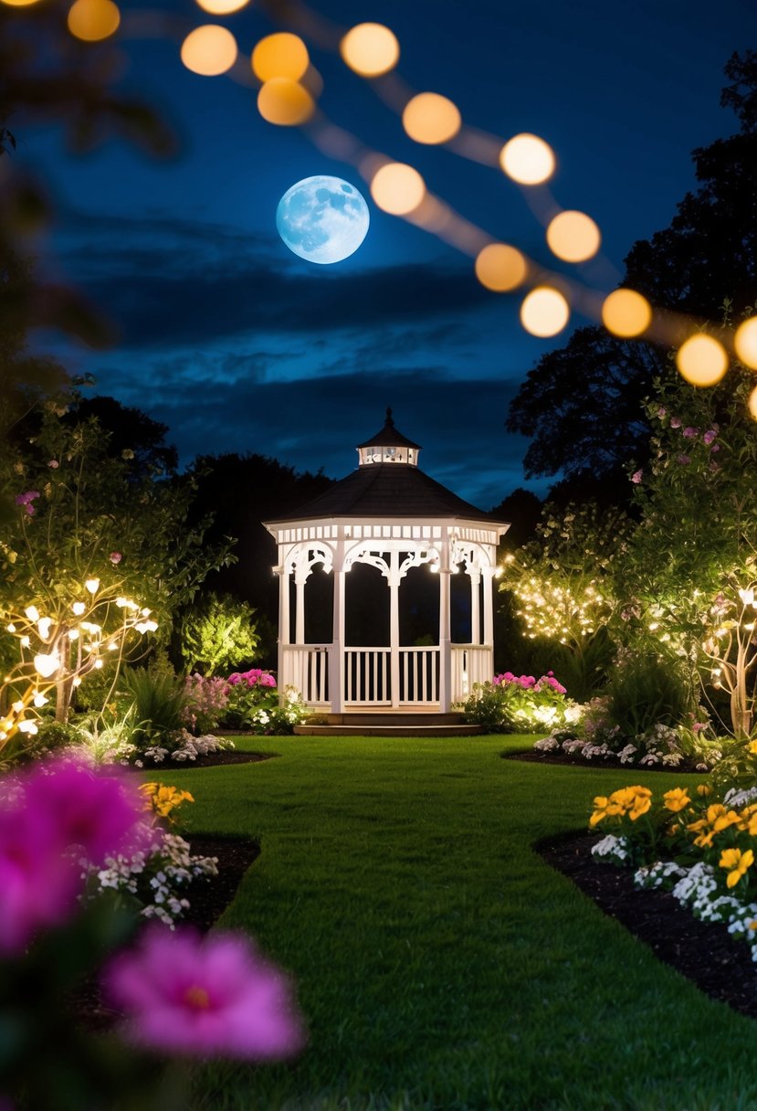 A moonlit garden with twinkling lights, blooming flowers, and a romantic gazebo