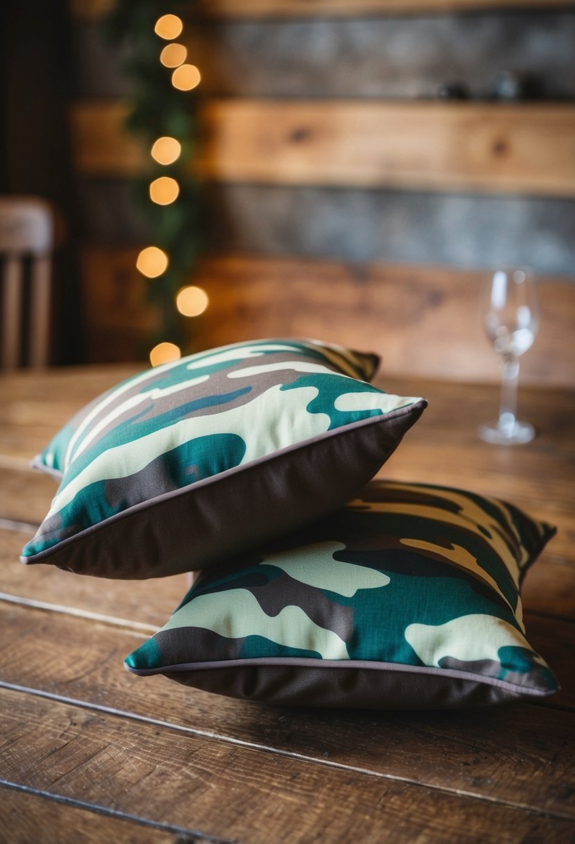 Two ring bearer pillows with camo fabric, placed on a wooden table with rustic decor