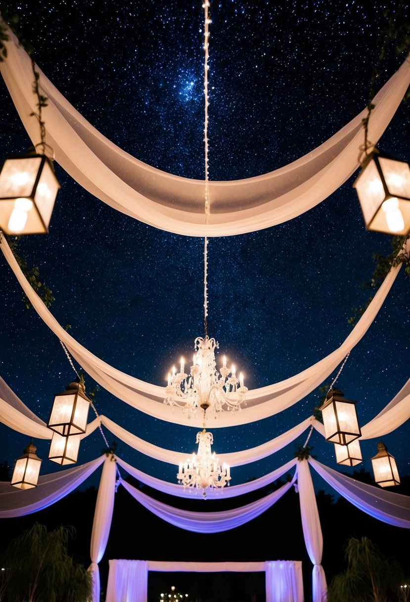 A starry night sky ceiling with twinkling lights, draped fabric, and hanging lanterns creating a romantic ambiance for a wedding