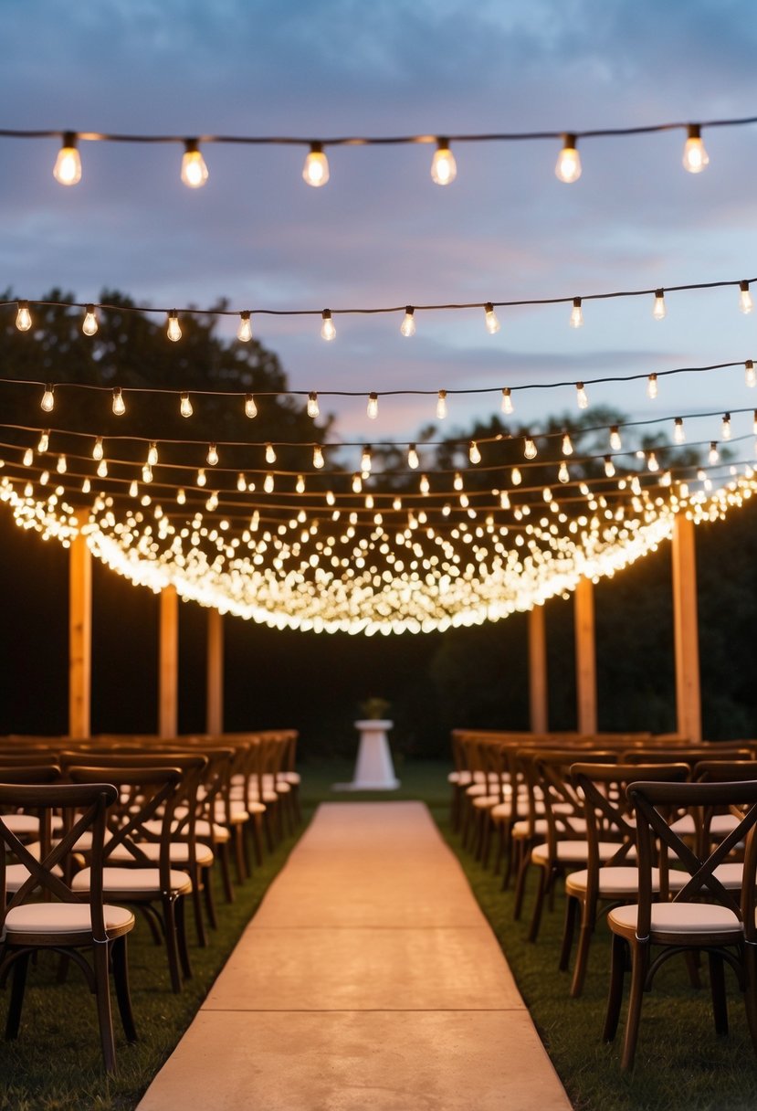 Twinkling string lights drape over outdoor wedding venue, casting a warm and romantic ambiance